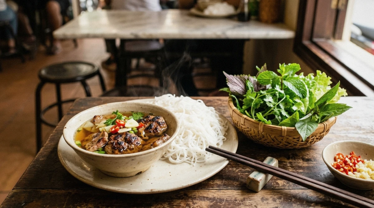 A plate of grilled pork and vermicelli noodles for bun cha served on a Hanoi street food tour in the Old Quarter, Vietnam
