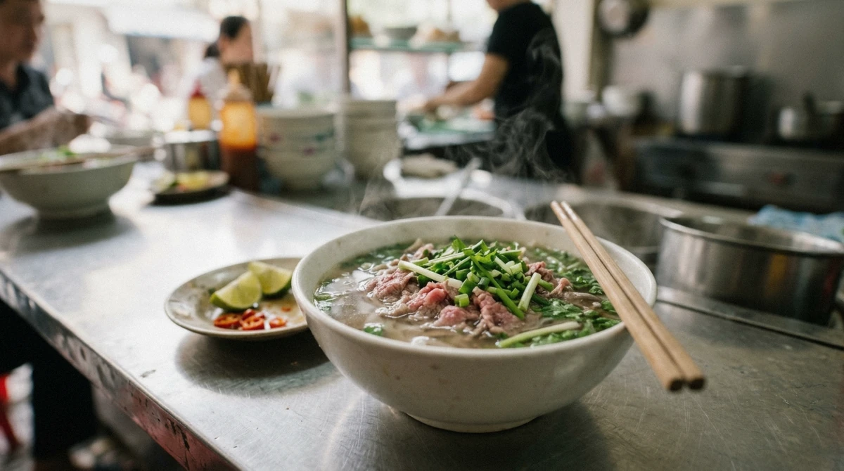 A steaming bowl of beef pho with fresh herbs at an Old Quarter counter, the signature dish of any Hanoi street food tour in Vietnam